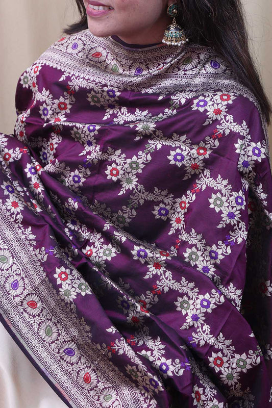 Purple Banarasi Handloom Pure Katan Silk Meenakari Dupatta - Luxurion World