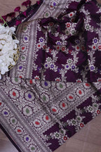 Purple Banarasi Handloom Pure Katan Silk Meenakari Dupatta - Luxurion World