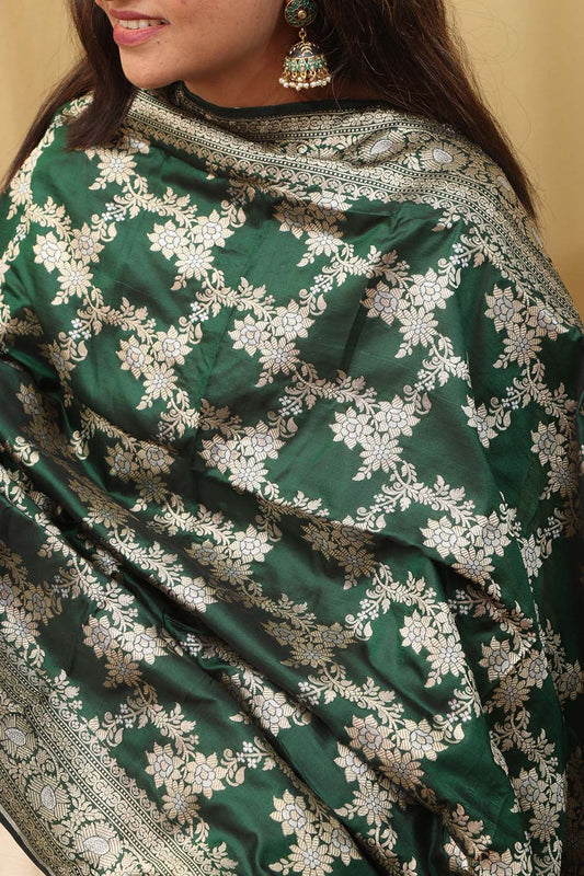 Green  Banarasi Handloom Pure Katan Silk Sona Roopa Dupatta - Luxurion World