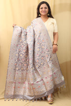 Grey Banarasi Handloom Pure Katan Silk Meenakari Dupatta - Luxurion World