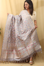 Grey Banarasi Handloom Pure Katan Silk Meenakari Dupatta - Luxurion World
