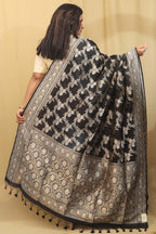 Black Banarasi Handloom Pure Katan Silk Sona Roopa Dupatta - Luxurion World