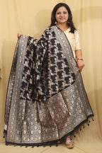 Black Banarasi Handloom Pure Katan Silk Sona Roopa Dupatta - Luxurion World