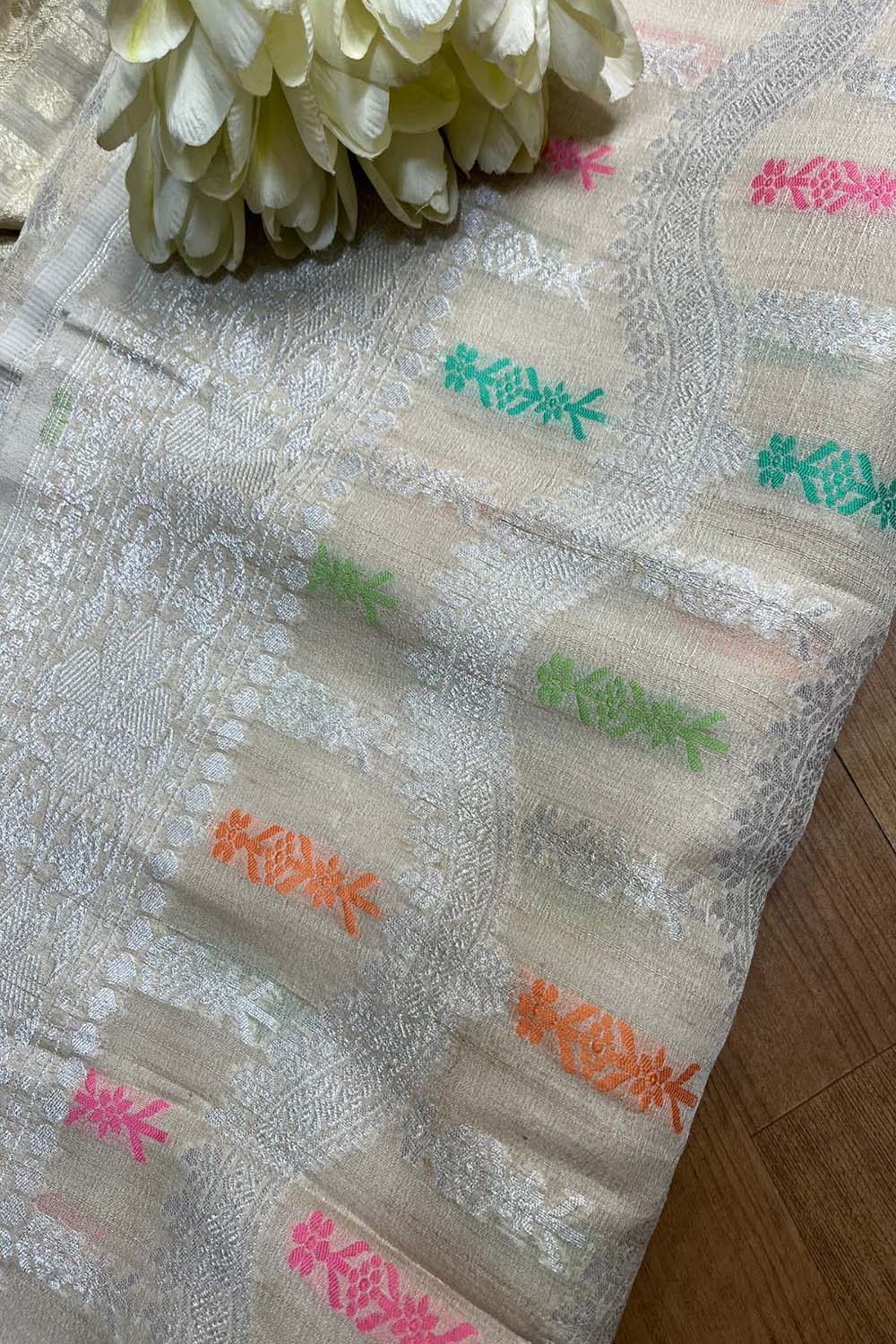 Dyeable Banarasi Handloom Tussar Silk Meenakari Dupatta - Luxurion World- Crafted Heirlooms
