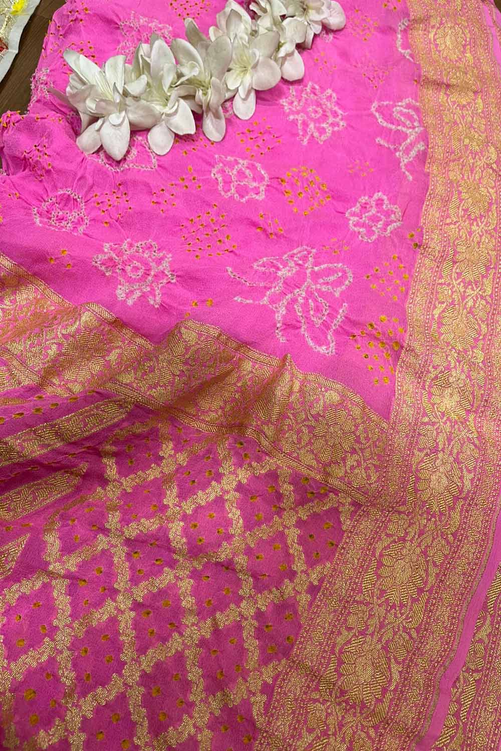 Stunning Pink Banarasi Bandhani Handloom Pure Georgette Dupatta - Luxurion World- Crafted Heirlooms