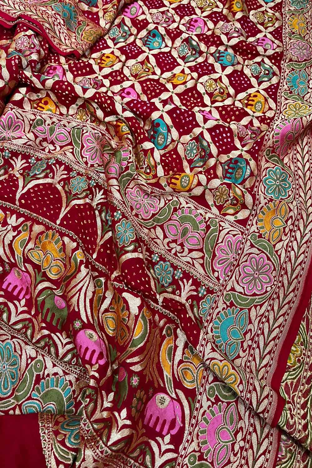 Red Banarasi Bandhani Handloom Pure Georgette Meenakari Dupatta - Luxurion World