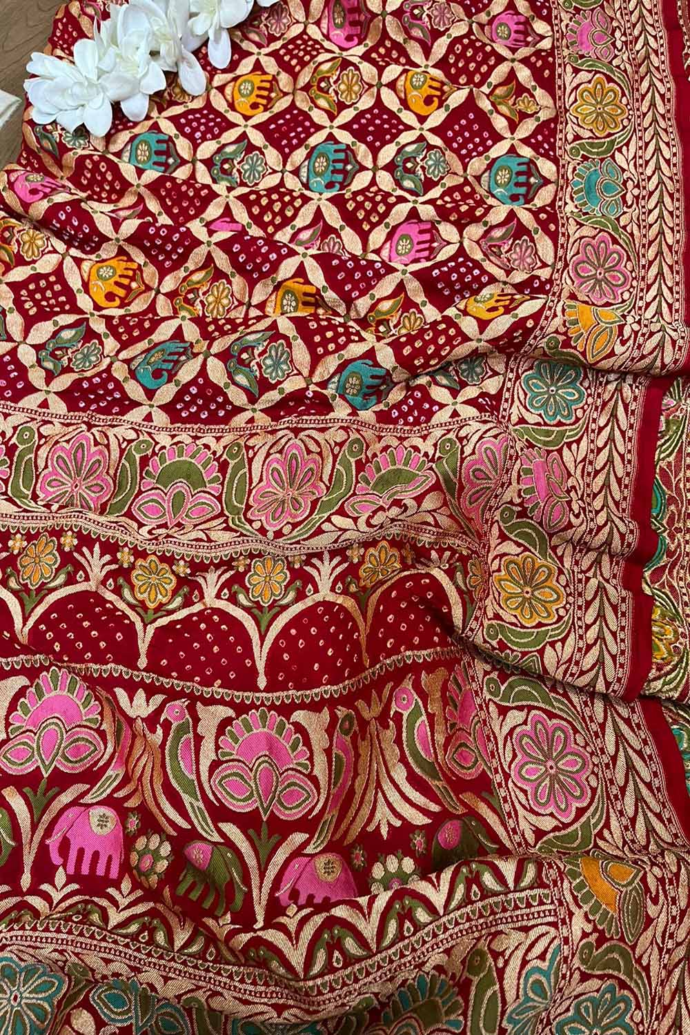 Red Banarasi Bandhani Handloom Pure Georgette Meenakari Dupatta - Luxurion World