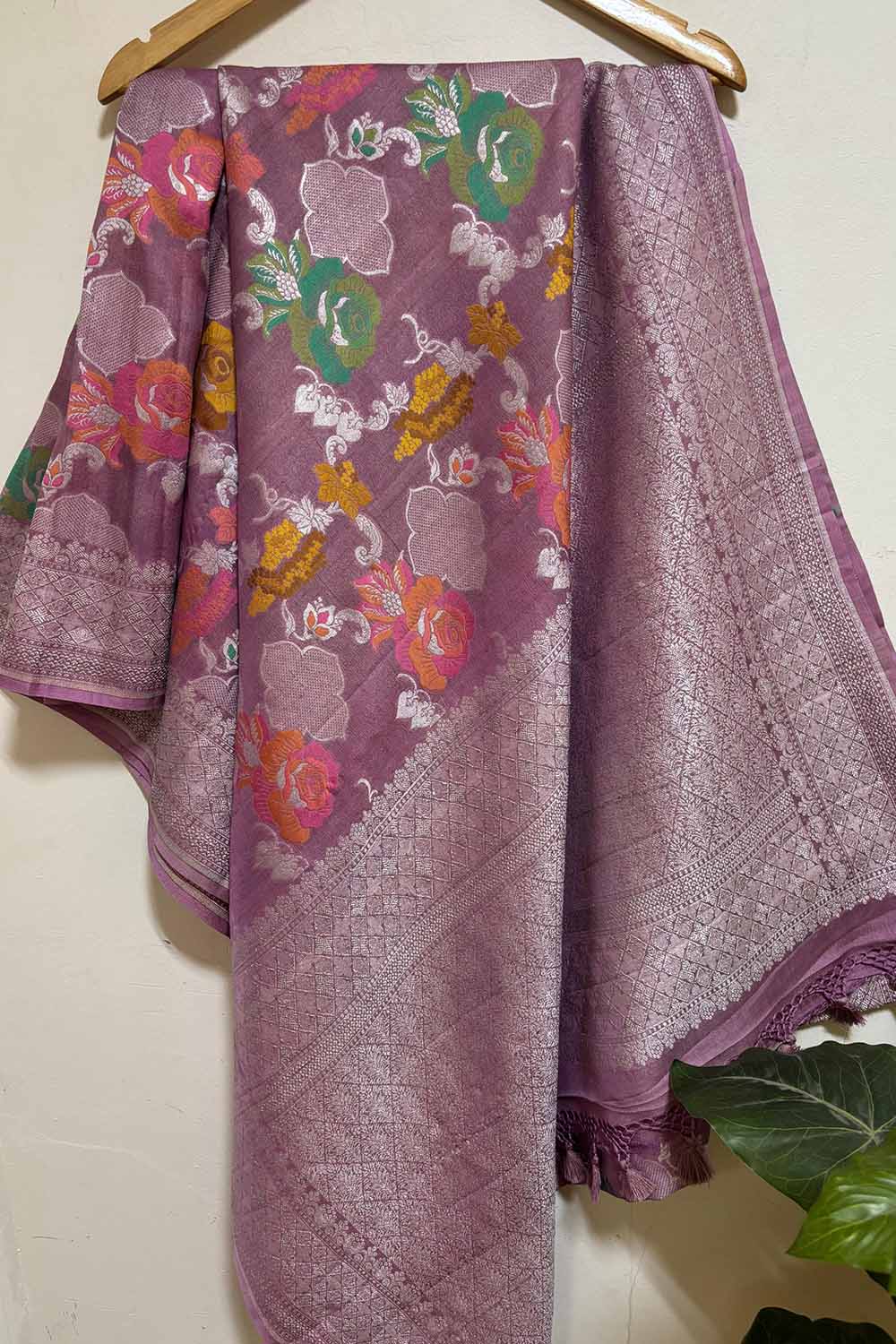 Beautiful Pink Banarasi Handloom Tussar Silk Meenakari Dupatta - Luxurion World- Crafted Heirlooms