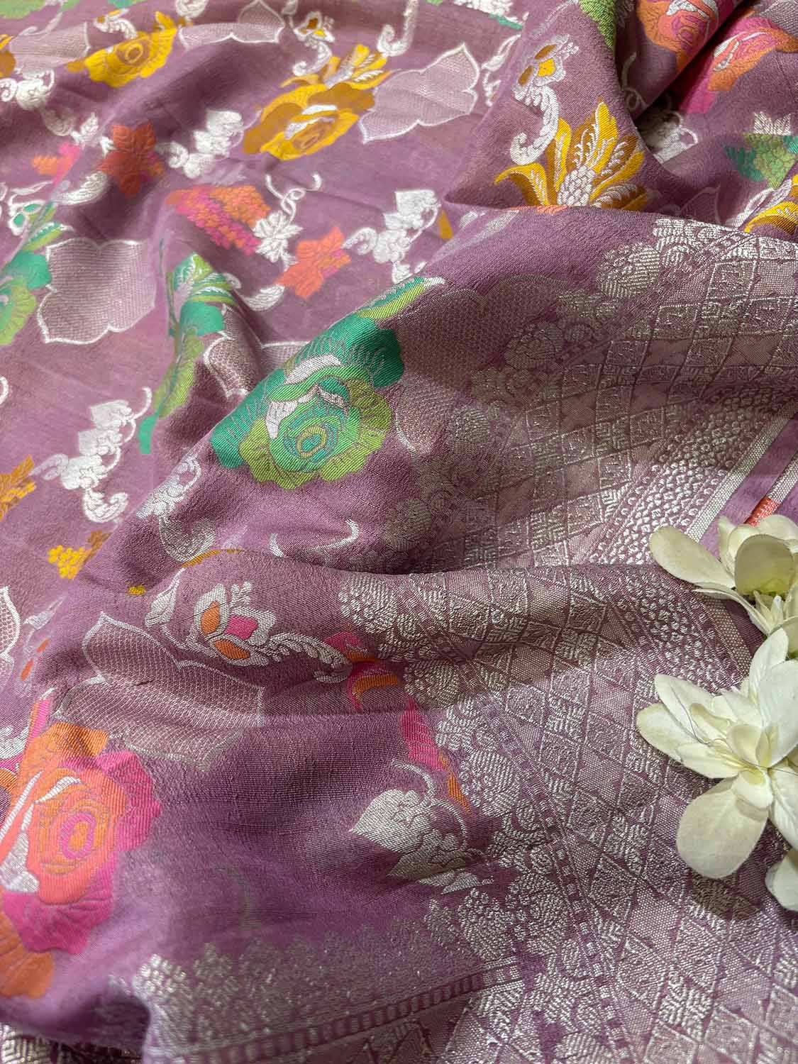 Beautiful Pink Banarasi Handloom Tussar Silk Meenakari Dupatta - Luxurion World- Crafted Heirlooms
