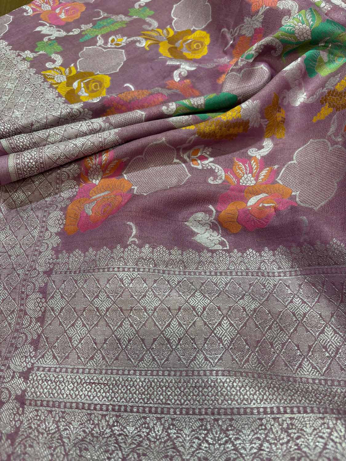 Beautiful Pink Banarasi Handloom Tussar Silk Meenakari Dupatta - Luxurion World- Crafted Heirlooms