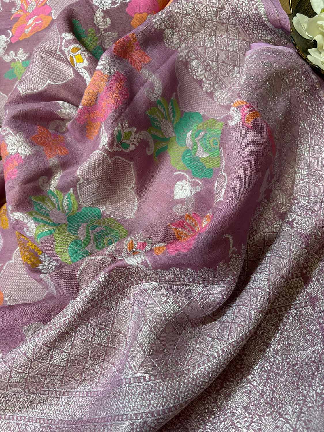 Beautiful Pink Banarasi Handloom Tussar Silk Meenakari Dupatta - Luxurion World- Crafted Heirlooms