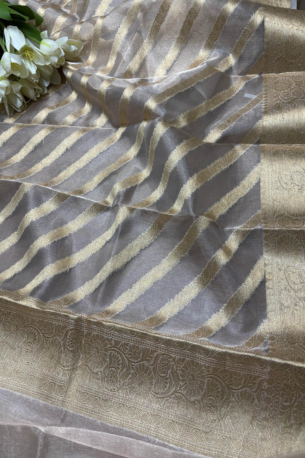 Dyeable Banarasi Handloom Pure Tissue Silk Stripes Design Dupatta - Luxurion World
