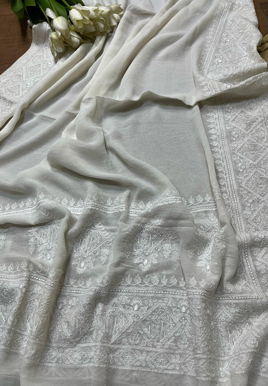 Exquisite Dyeable Pure Chiffon Embroidered Dupatta - Luxurion World- Crafted Heirlooms