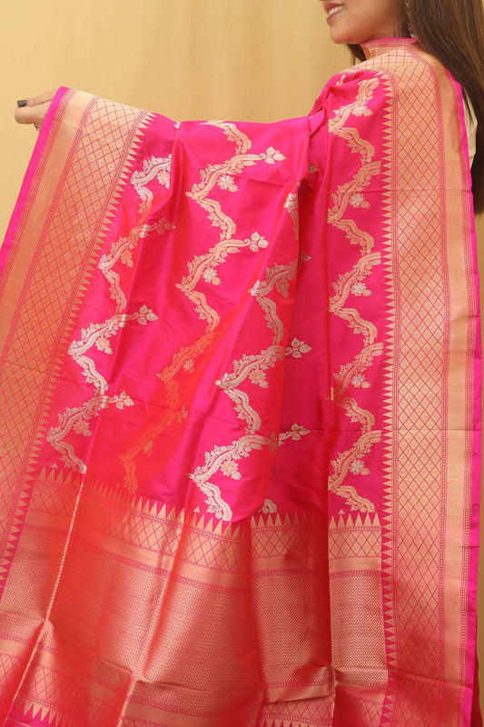 Pink Banarasi Handloom Pure Katan Silk Kadwa Dupatta - Luxurion World