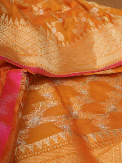 Orange Banarasi Handloom Pure Katan Silk Kadwa Dupatta - Luxurion World