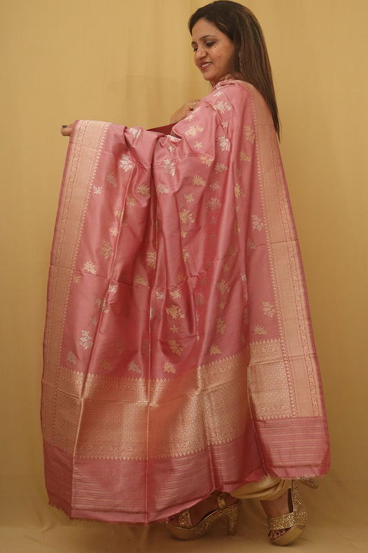 Pink Banarasi Handloom Pure Katan Silk Kadwa Dupatta - Luxurion World
