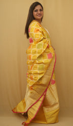 Yellow Banarasi Handloom Pure Katan Silk Kadwa Dupatta - Luxurion World