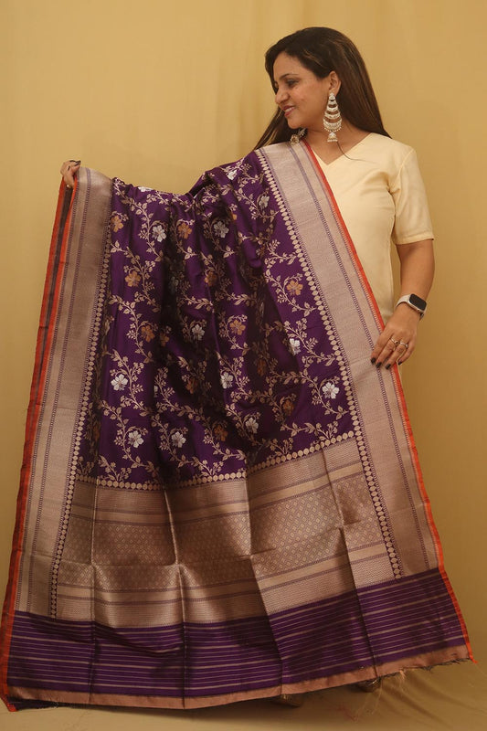 Purple Banarasi Handloom Pure Katan Silk Kadwa Dupatta - Luxurion World