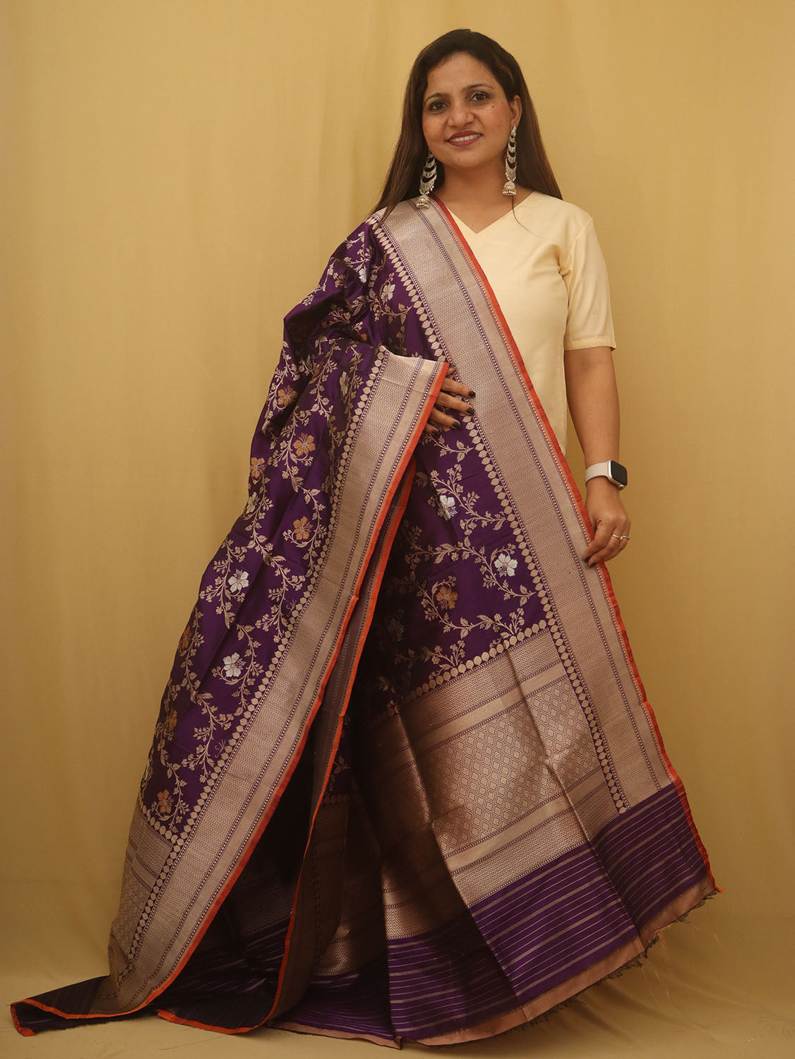 Purple Banarasi Handloom Pure Katan Silk Kadwa Dupatta - Luxurion World
