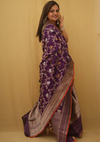 Purple Banarasi Handloom Pure Katan Silk Kadwa Dupatta - Luxurion World
