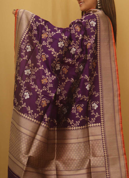 Purple Banarasi Handloom Pure Katan Silk Kadwa Dupatta - Luxurion World