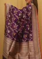 Purple Banarasi Handloom Pure Katan Silk Kadwa Dupatta - Luxurion World