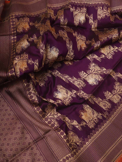 Purple Banarasi Handloom Pure Katan Silk Kadwa Dupatta - Luxurion World