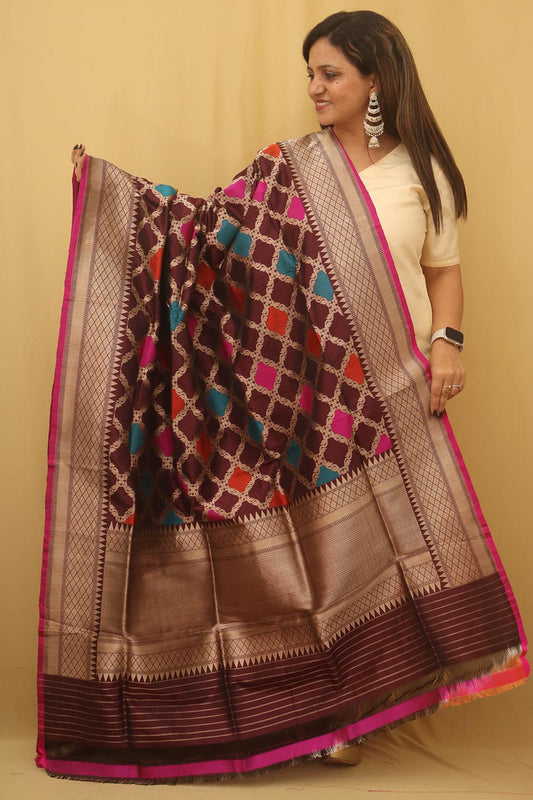 Brown Banarasi Handloom Pure Katan Silk Kadwa Dupatta - Luxurion World