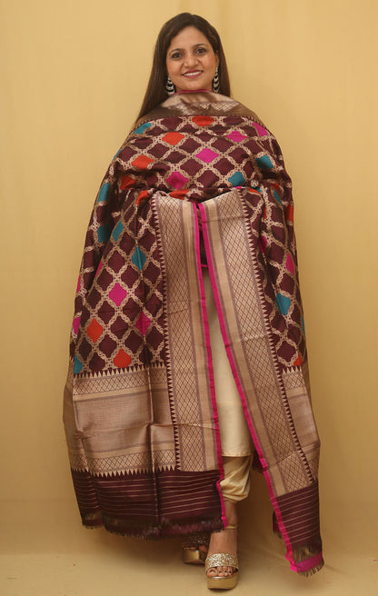Brown Banarasi Handloom Pure Katan Silk Kadwa Dupatta - Luxurion World