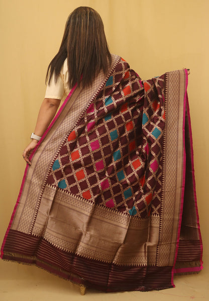 Brown Banarasi Handloom Pure Katan Silk Kadwa Dupatta - Luxurion World