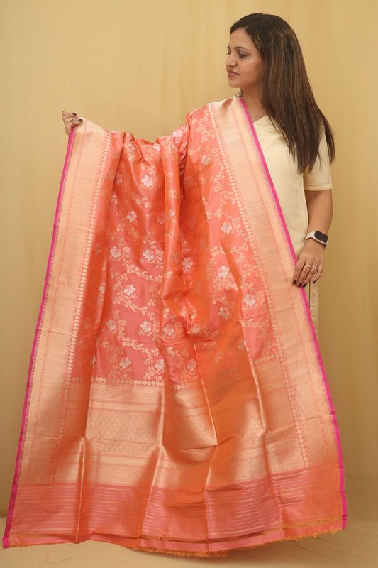 Peach And Pink Banarasi Handloom Pure Katan Silk Kadwa Dupatta