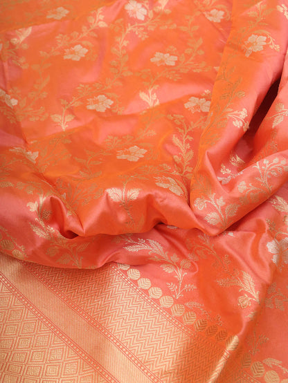 Peach And Pink Banarasi Handloom Pure Katan Silk Kadwa Dupatta - Luxurion World