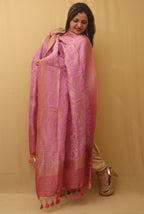 Pink Banarasi Handloom Pure Moonga Silk Dupatta - Luxurion World