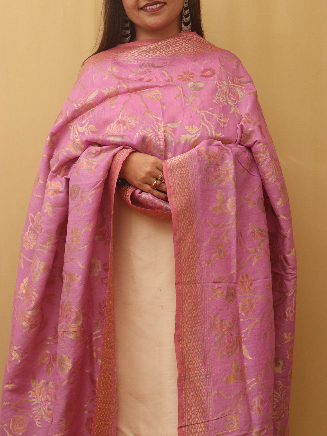 Pink Banarasi Handloom Pure Moonga Silk Dupatta - Luxurion World