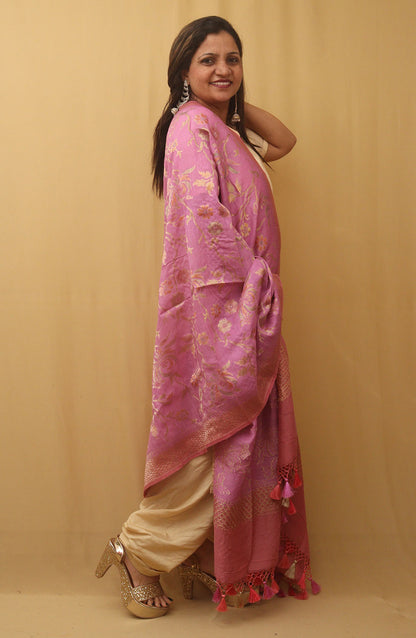 Pink Banarasi Handloom Pure Moonga Silk Dupatta - Luxurion World