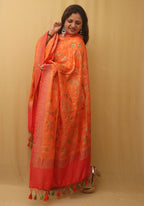 Orange Banarasi Handloom Pure Moonga Silk Dupatta - Luxurion World