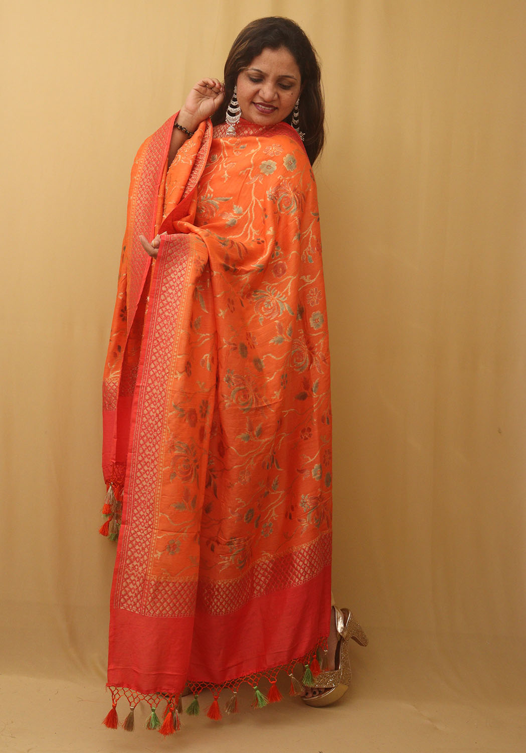 Orange Banarasi Handloom Pure Moonga Silk Dupatta - Luxurion World