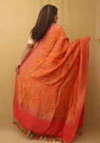 Orange Banarasi Handloom Pure Moonga Silk Dupatta - Luxurion World