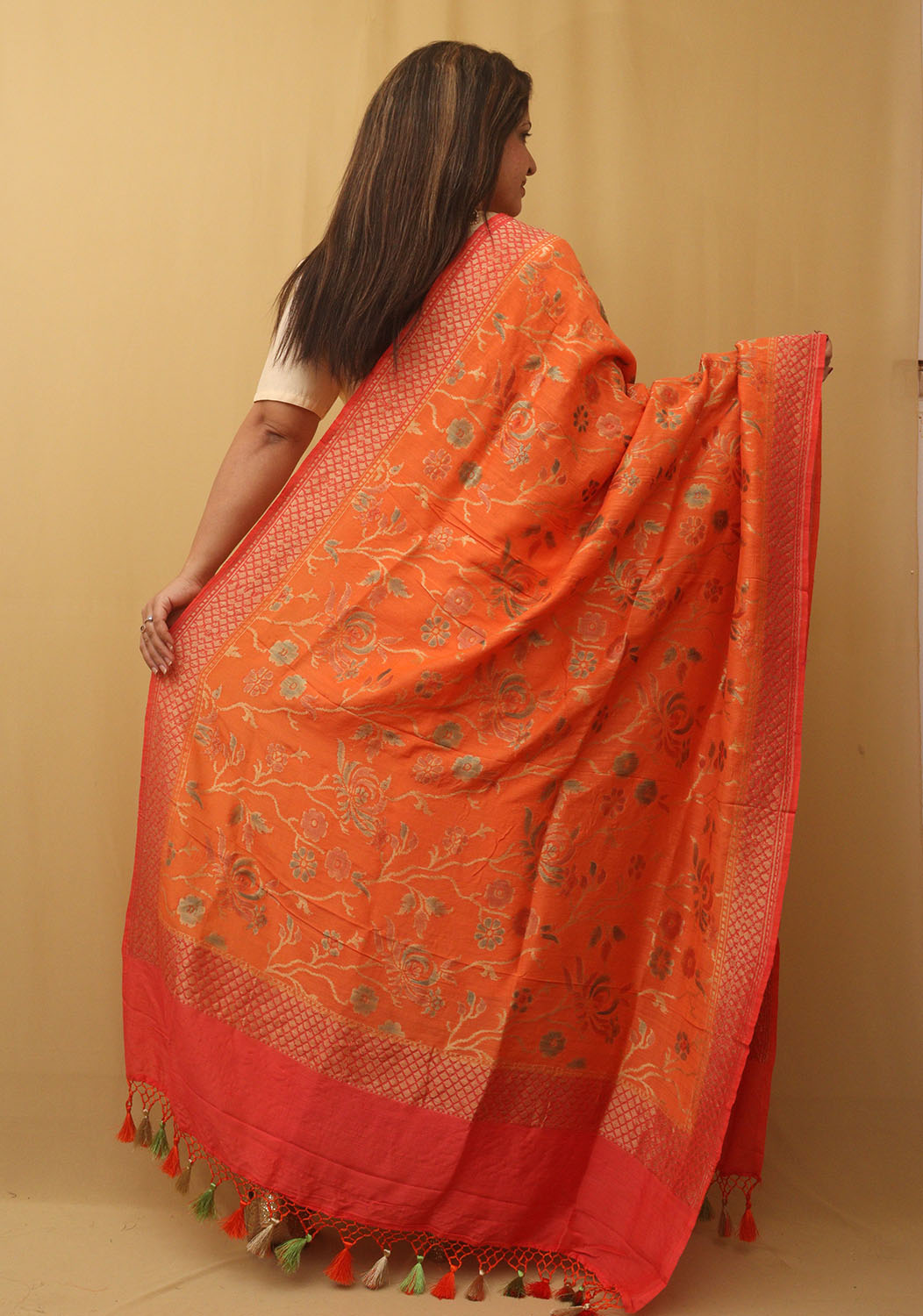 Orange Banarasi Handloom Pure Moonga Silk Dupatta - Luxurion World