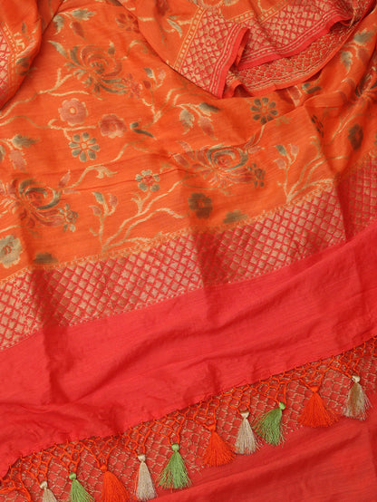 Orange Banarasi Handloom Pure Moonga Silk Dupatta - Luxurion World