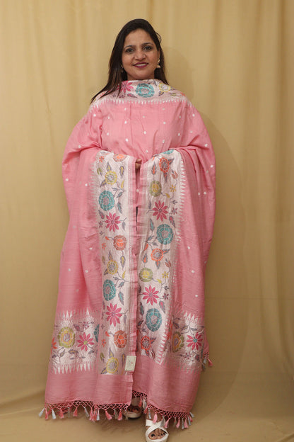 Exquisite Pink Banarasi Handloom Pure Moonga Silk Dupatta - Luxurion World