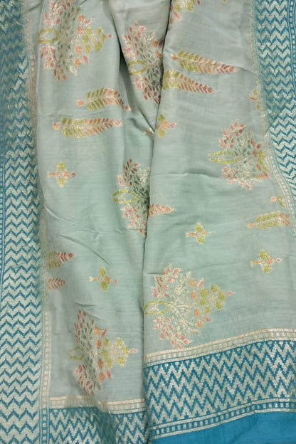 Blue Banarasi Pure Moonga Silk Brush Dyed Dupatta - Luxurion World