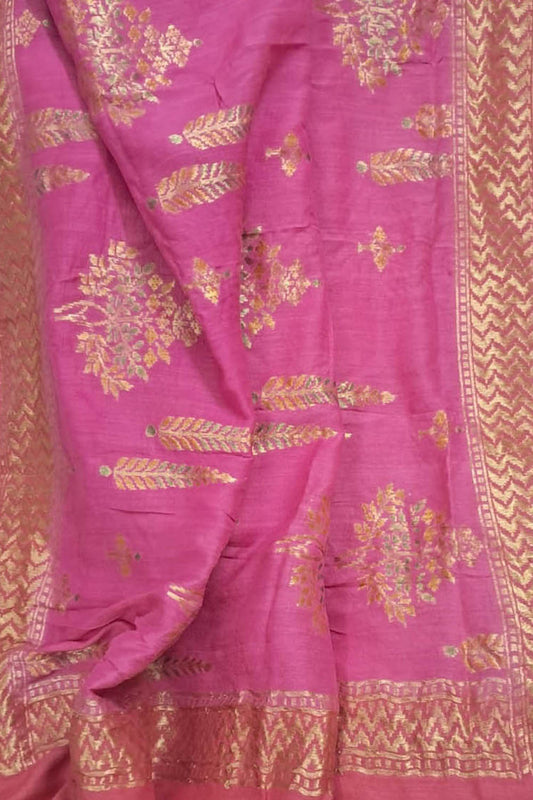Pink Banarasi Pure Moonga Silk Brush Dyed Dupatta - Luxurion World