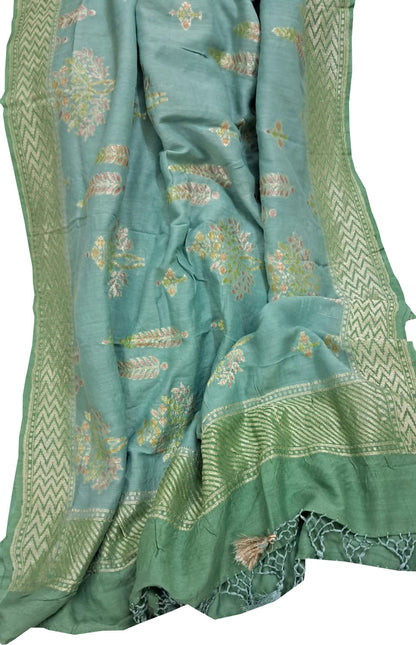 Green And Blue Banarasi Pure Moonga Silk Brush Dyed Dupatta - Luxurion World