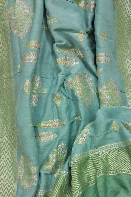 Green And Blue Banarasi Pure Moonga Silk Brush Dyed Dupatta - Luxurion World