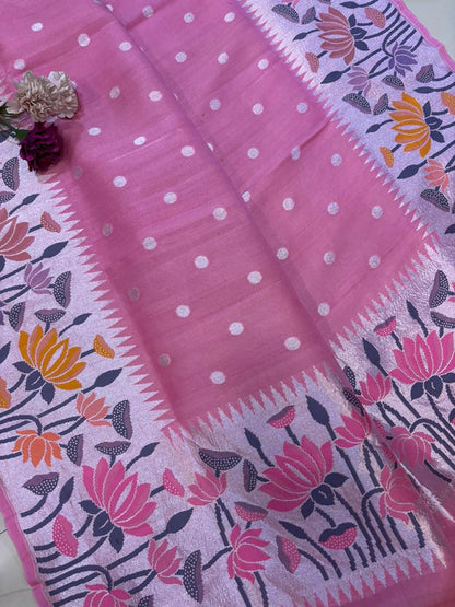 Pink Banarasi Handloom Pure Moonga Silk Flower Design Dupatta - Luxurion World