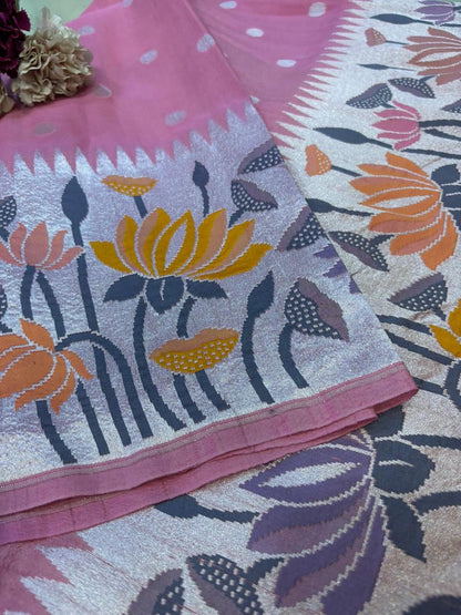 Pink Banarasi Handloom Pure Moonga Silk Flower Design Dupatta - Luxurion World