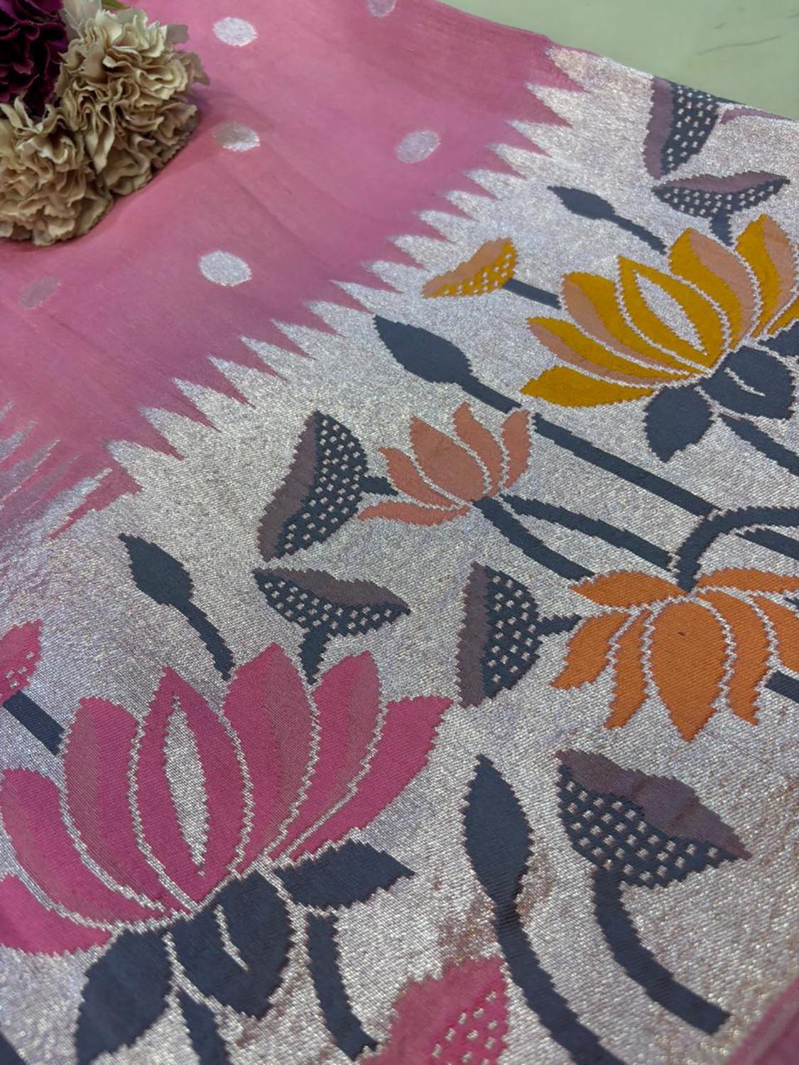 Pink Banarasi Handloom Pure Moonga Silk Flower Design Dupatta - Luxurion World