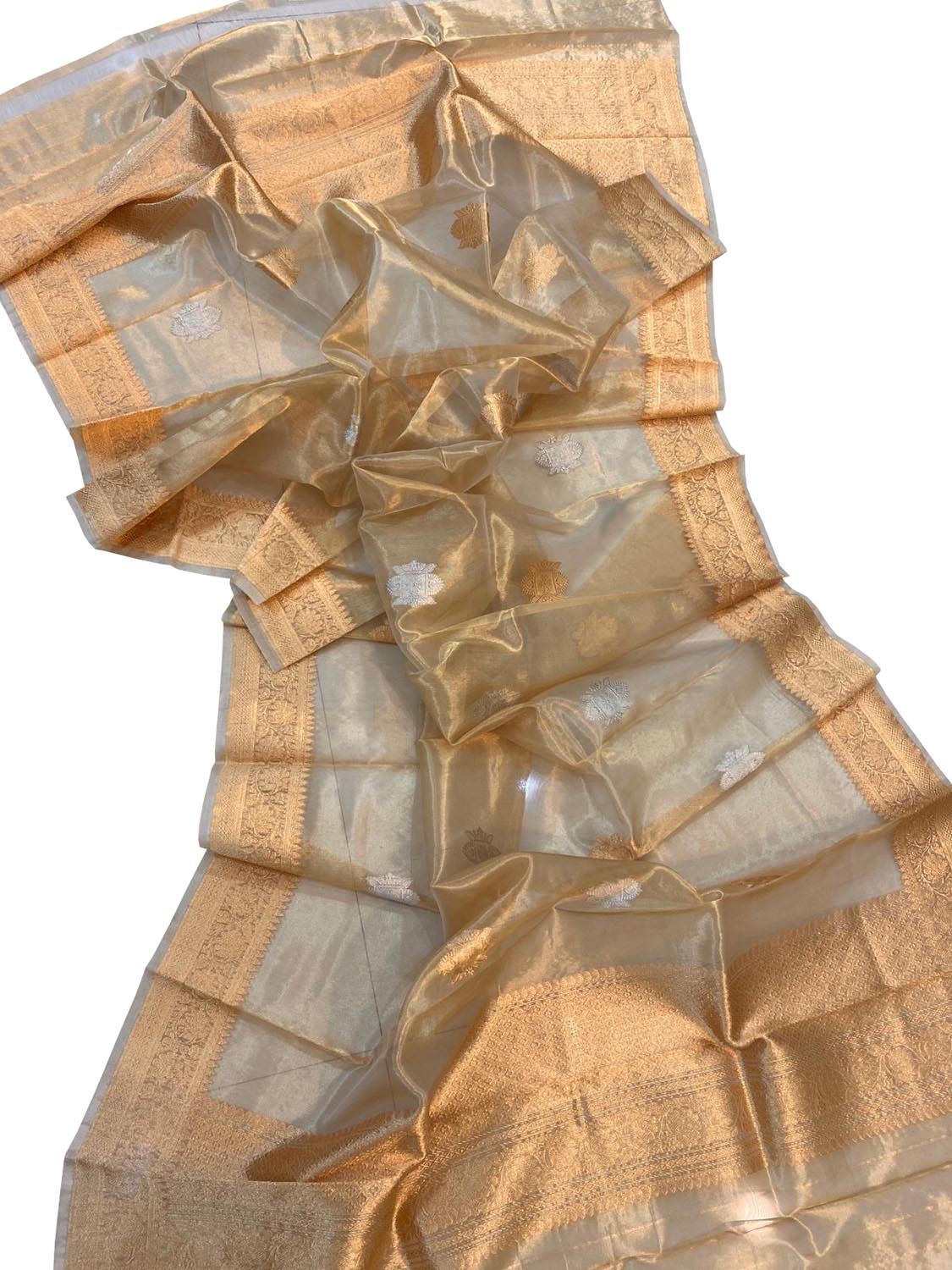 Exquisite Golden Handloom Banarasi Tissue Silk Dupatta - Luxurion World