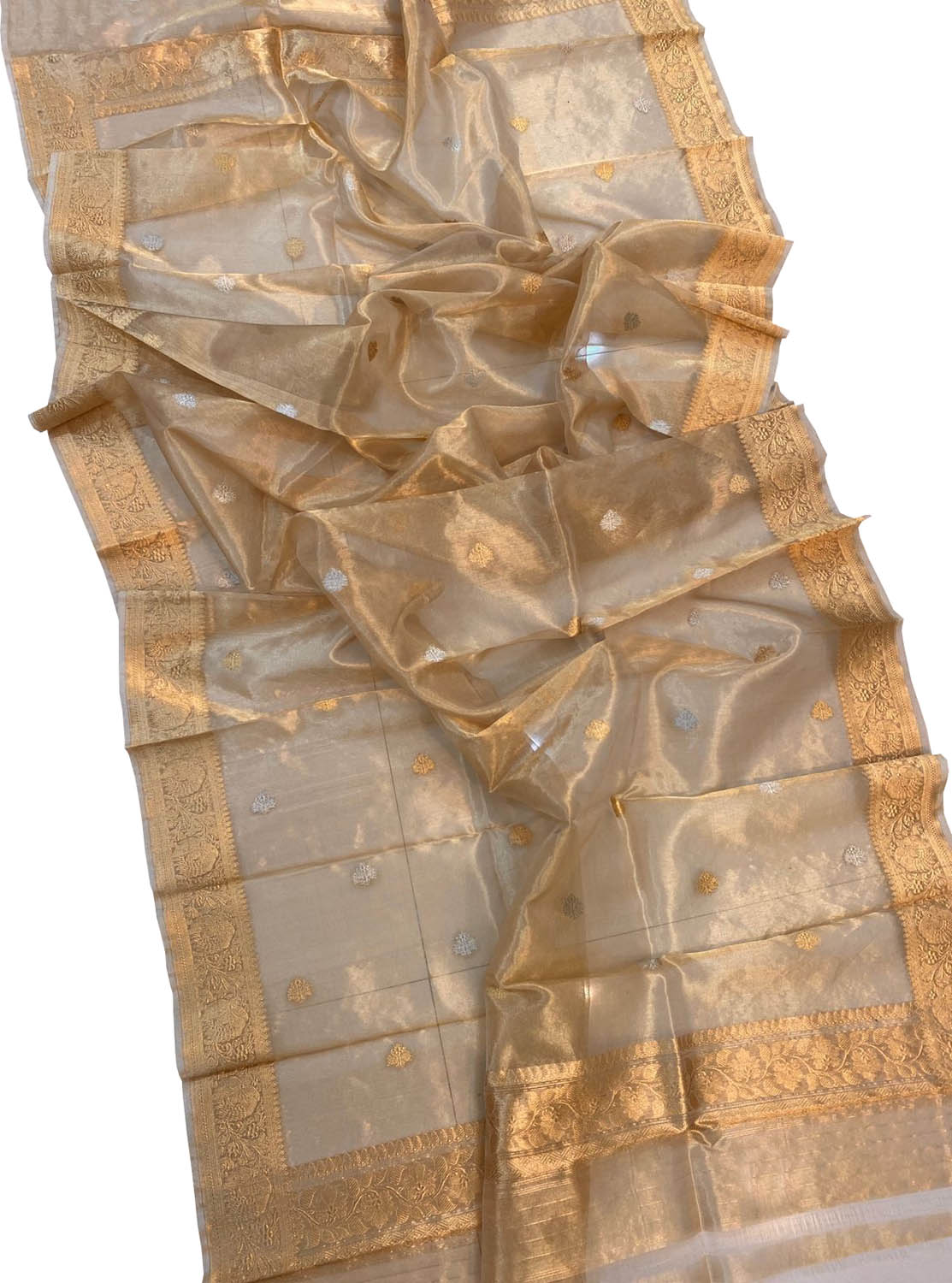 Exquisite Golden Handloom Banarasi Tissue Silk Dupatta - Luxurion World